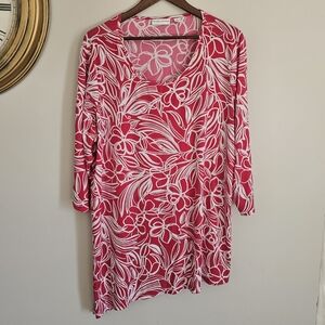 Susan Graver Hot Pink White Floral Print Asymmetrical Hem Tunic Blouse Artsy